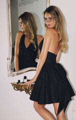 Shana Mini Dress - Glitter Halter Bow Back A-Line Party Dress