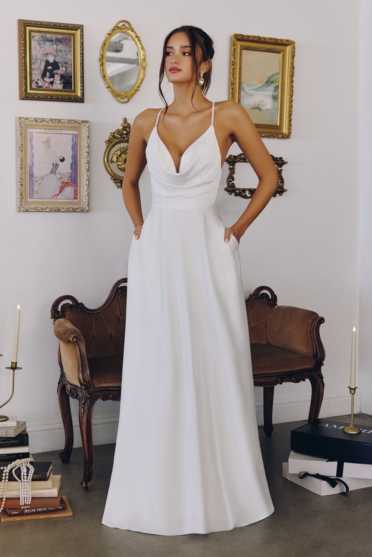 WILLOW GOWN - OFF WHITE A-LINE SATIN DRESS WITH COWL NECKLINE