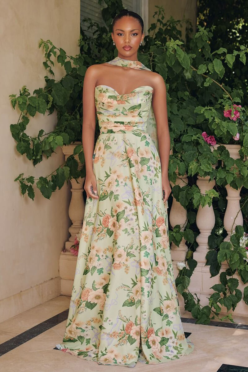 SAGE FLORAL MEADOWS GOWN - STRAPLESS A-LINE CHIFFON GOWN WITH SCARF