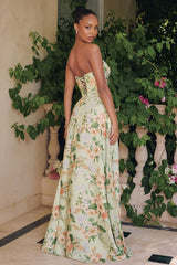 SAGE FLORAL MEADOWS GOWN - STRAPLESS A-LINE CHIFFON GOWN WITH SCARF