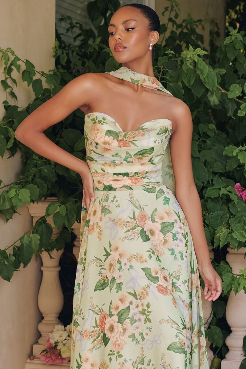 SAGE FLORAL MEADOWS GOWN - STRAPLESS A-LINE CHIFFON GOWN WITH SCARF