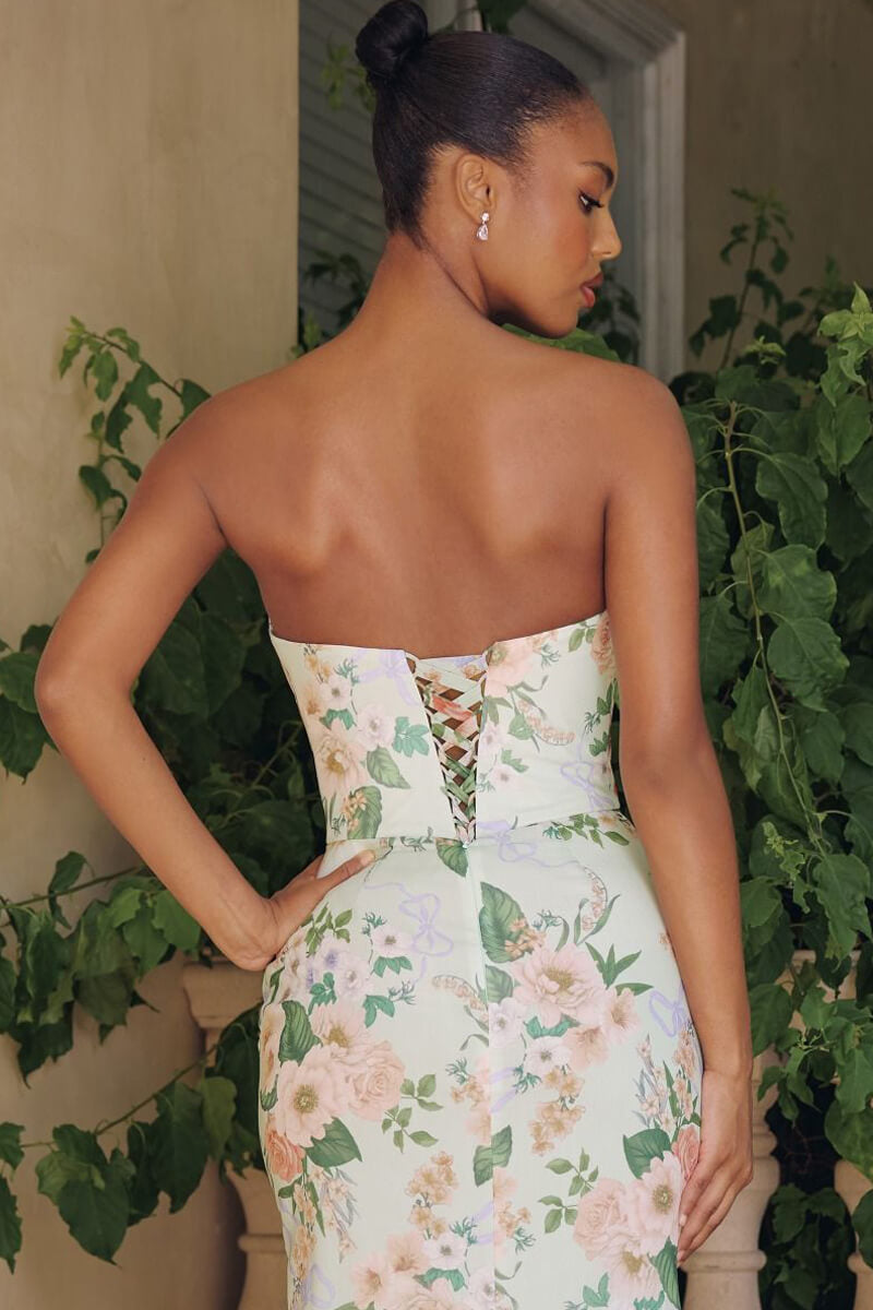 SAGE FLORAL BRIANNA GOWN - STRAPLESS CHIFFON GOWN WITH SCARF