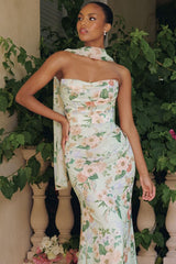 SAGE FLORAL BRIANNA GOWN - STRAPLESS CHIFFON GOWN WITH SCARF