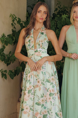 SAGE FLORAL CHEYENNE GOWN - CHIFFON HALTER DRESS