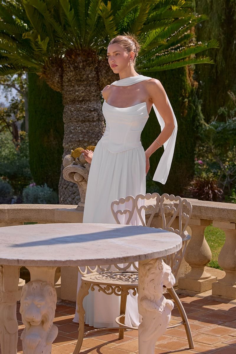 Reese Gown - Satin & Chiffon Dress With Scarf - Off White