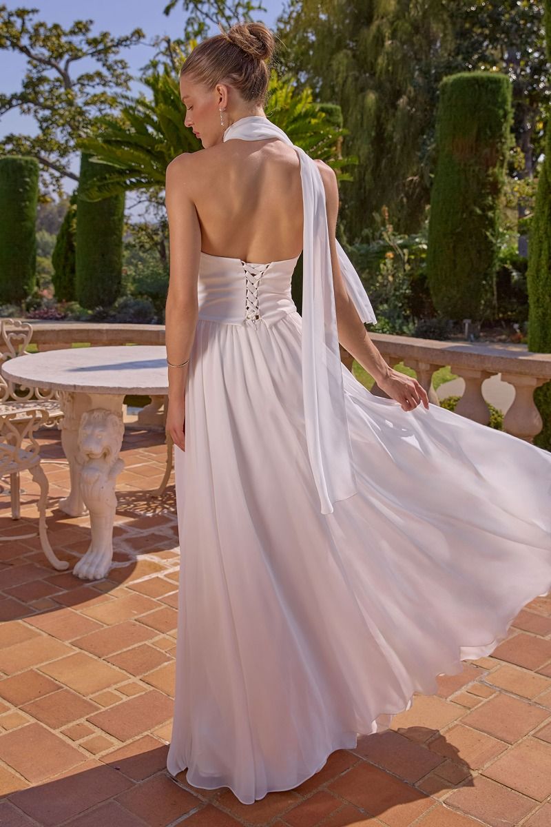 Reese Gown - Satin & Chiffon Dress With Scarf - Off White