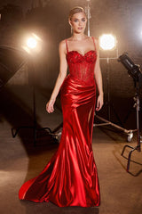 Teagan Gown - Red - Fitted Satin & Lace Dress