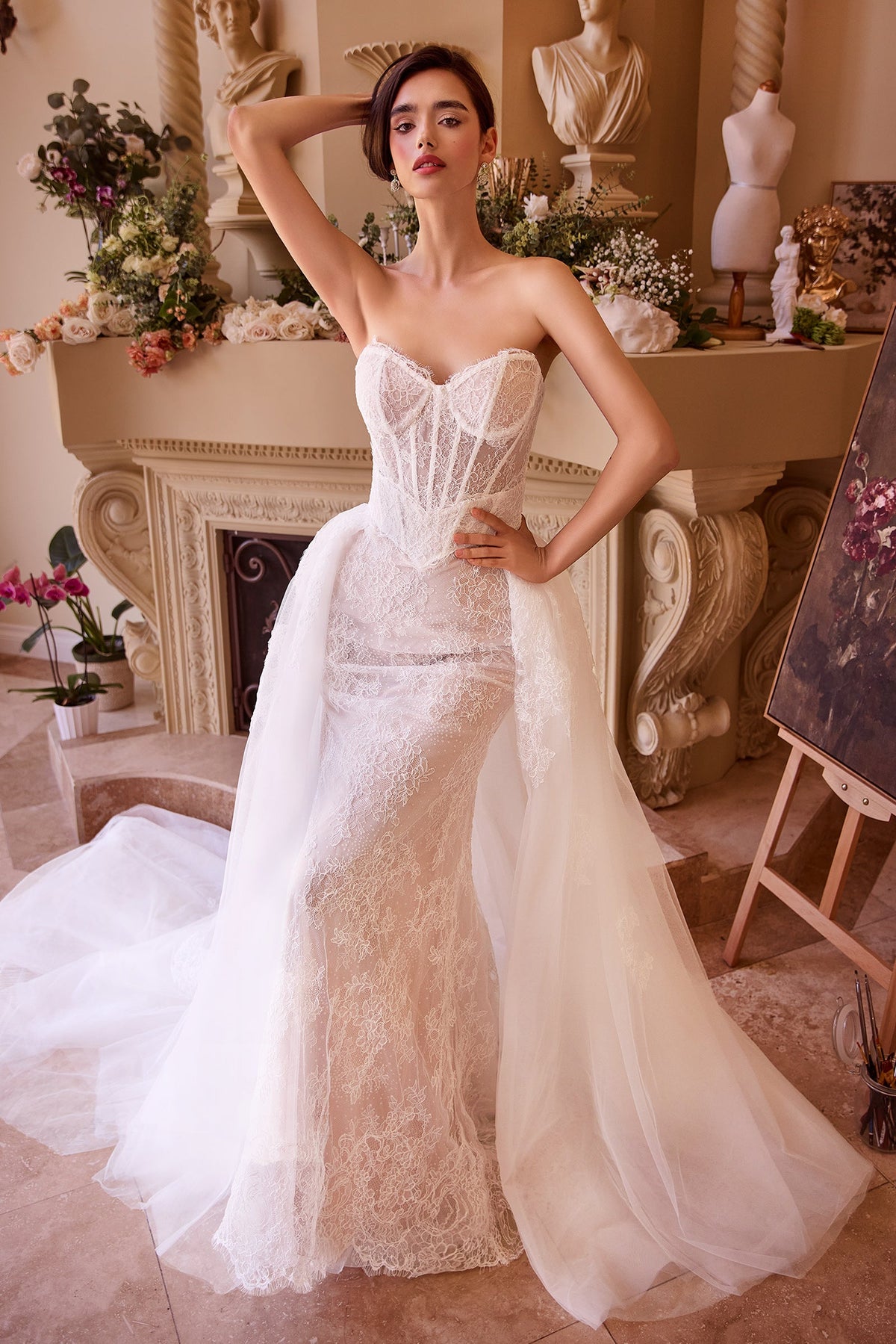 WL044 - FITTED LACE WEDDING DRESS & REMOVABLE OVERSKIRT - Andrea & Leo