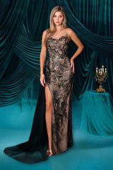 A1489 - FITTED GOWN WITH ILLUSION NECKLINE - Andrea & Leo