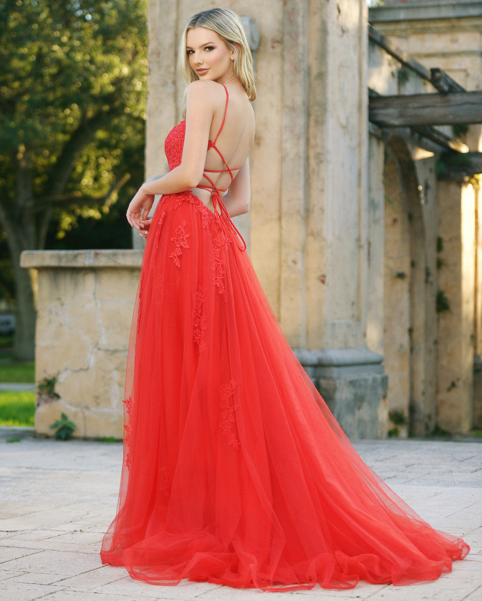 Alisha Gown - Red - Tulle A-line Dress With Open Back