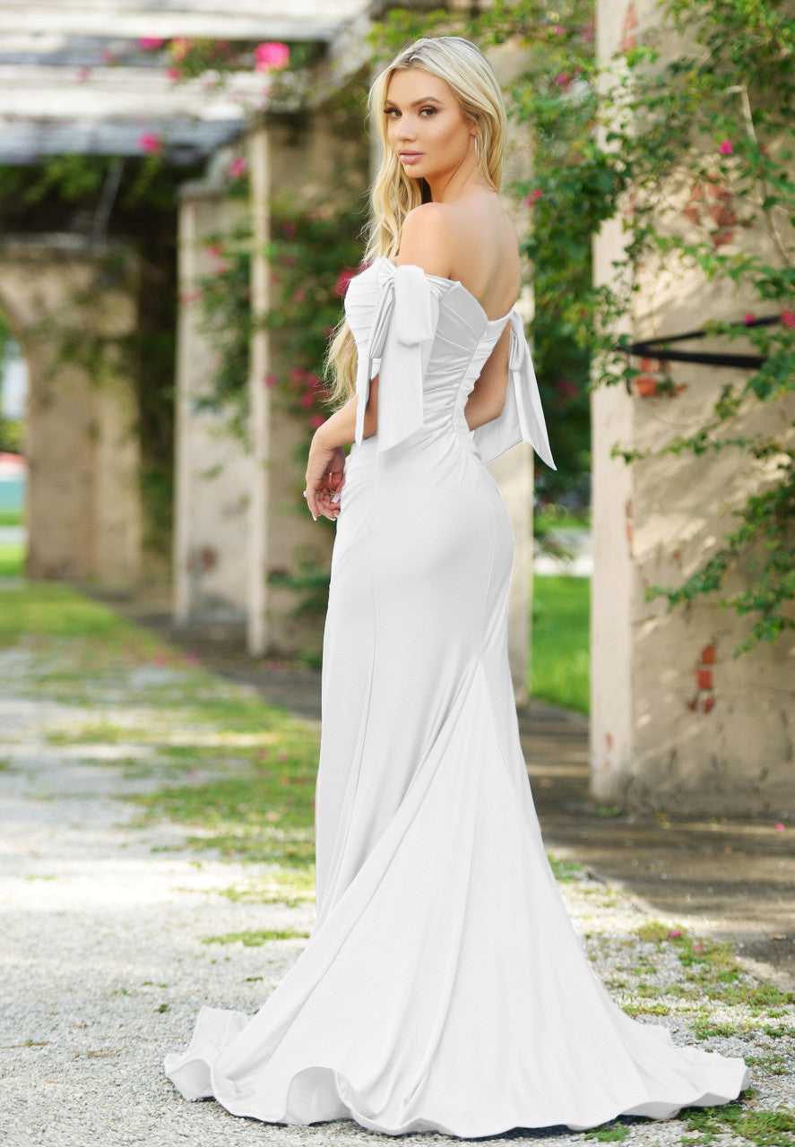 Amber Gown - Off-White - Off Shoulder Stretch Spandex Satin Dress With Ties