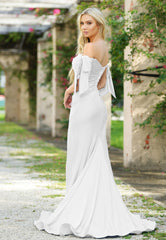 Amber Gown - Off-White - Off Shoulder Stretch Spandex Satin Dress With Ties
