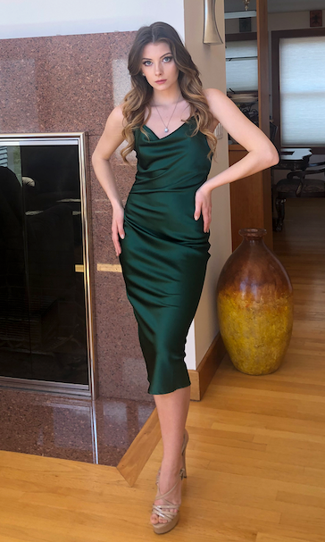 Aspen Midi Dress - Emerald Green Satin Slip Dress - FINAL SALE