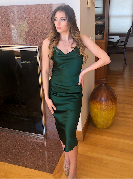 Aspen Midi Dress - Emerald Green Satin Slip Dress - FINAL SALE