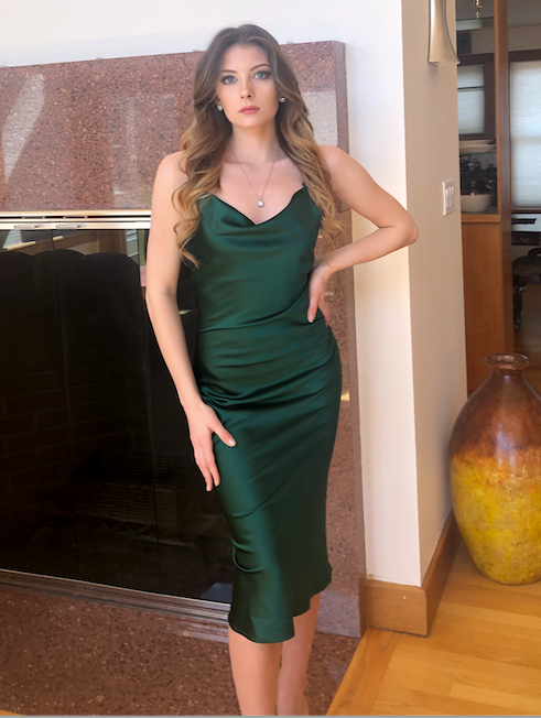Aspen Midi Dress - Emerald Green Satin Slip Dress - FINAL SALE