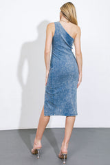 FAMILIAR PATTERNS - ONE SHOULDER SIDE CUTOUT DENIM DRESS