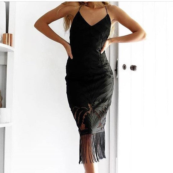 Size 2, Khaleesi Dress - Black - Lace Dress With Fringe - FINAL SALE