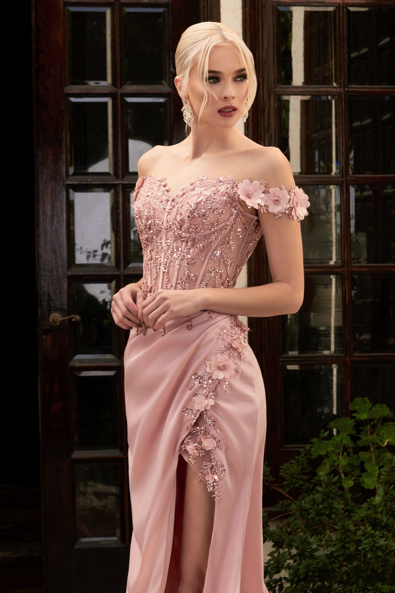 Rosaline Gown - Floral Detail Off-The-Shoulder Dress
