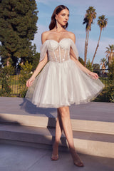 OLIVIA MINI DRESS - OFF THE SHOULDER EMBELLISHED A-LINE SHORT DRESS