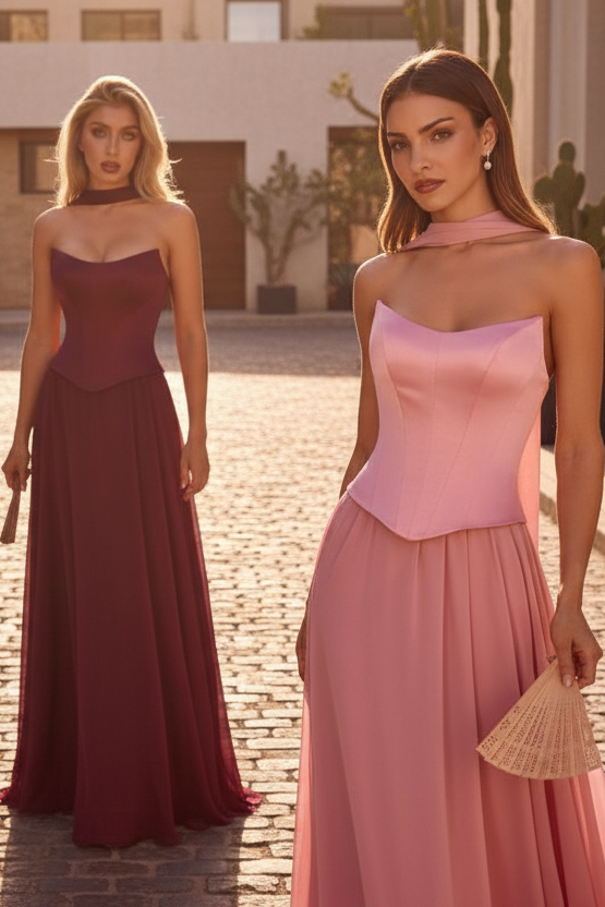 ISABELLA GOWN - STRAPLESS CHIFFON DRESS WITH SCARF