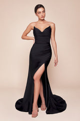 AVA POINTED V-NECKLINE GOWN - STRAPLESS STRETCH SPANDEX SATIN FITTED DRESS