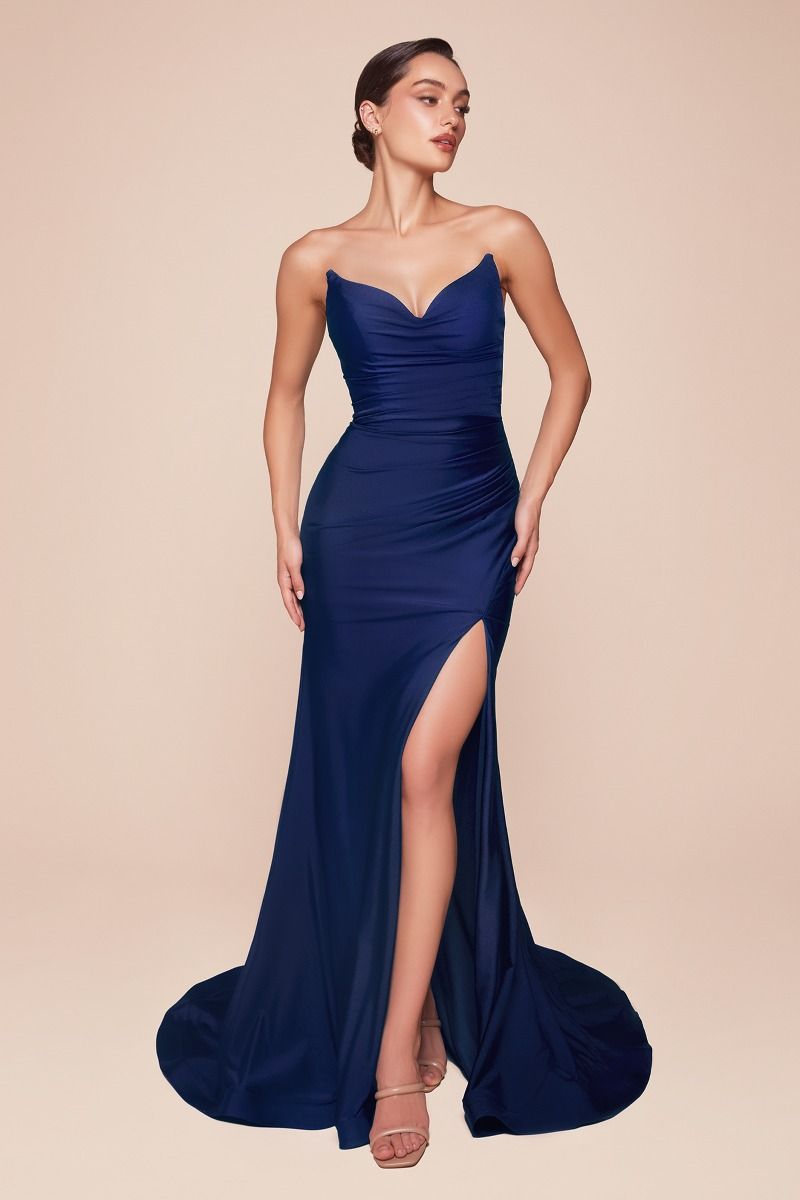 AVA POINTED V-NECKLINE GOWN - STRAPLESS STRETCH SPANDEX SATIN FITTED DRESS