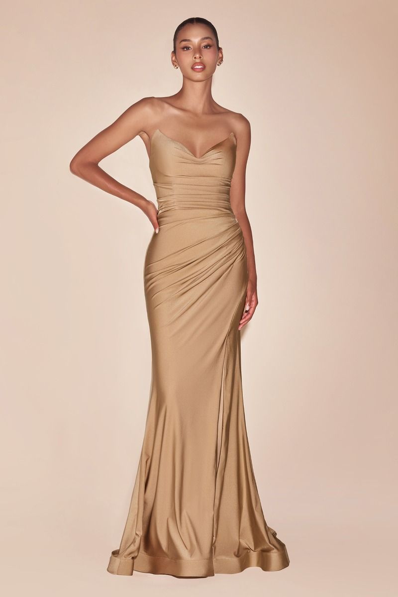 AVA POINTED V-NECKLINE GOWN - STRAPLESS STRETCH SPANDEX SATIN FITTED DRESS