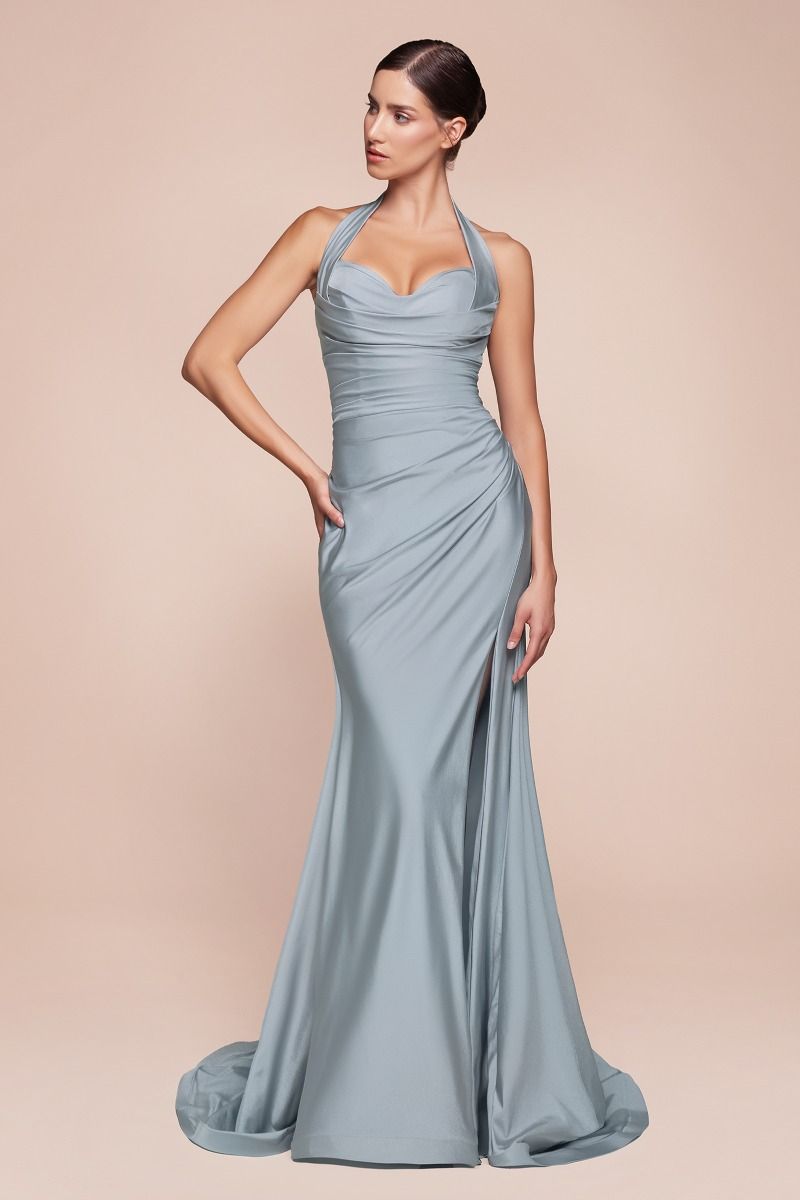 Autumn Gown - Stretch Spandex Satin Halter Fitted Dress