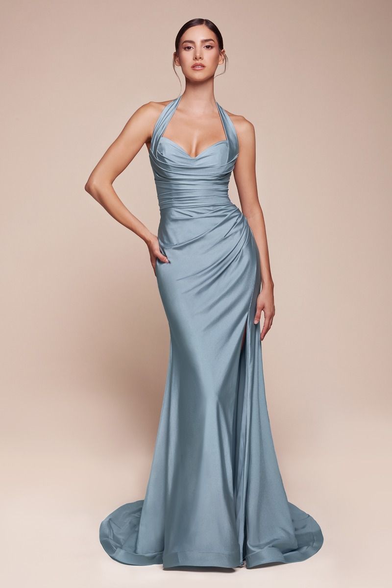 Autumn Gown - Stretch Spandex Satin Halter Fitted Dress