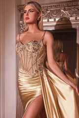 Teagan Gown - Gold - Fitted Satin & Lace Dress
