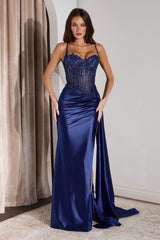 Teagan Gown - Navy - Fitted Satin & Lace Dress