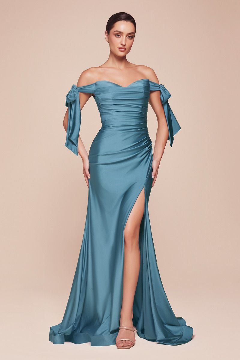 Amber Gown - Off Shoulder Stretch Spandex Satin Dress With Ties