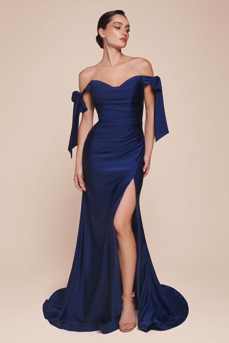 Amber Gown - Off Shoulder Stretch Spandex Satin Dress With Ties