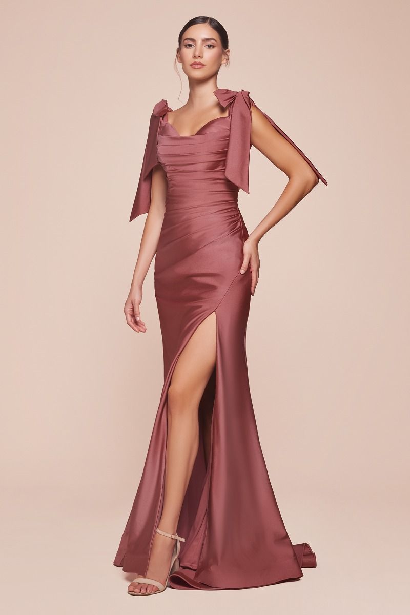 Amber Gown - Off Shoulder Stretch Spandex Satin Dress With Ties