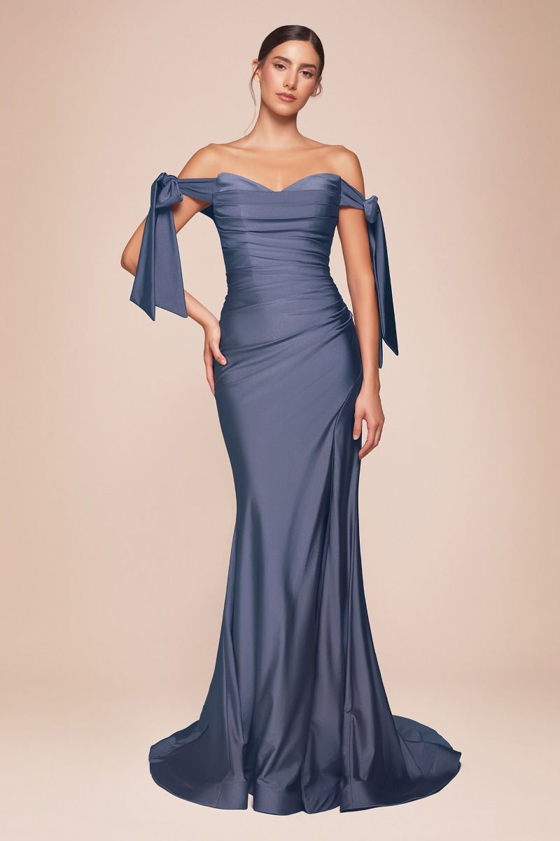 Amber Gown - Off Shoulder Stretch Spandex Satin Dress With Ties