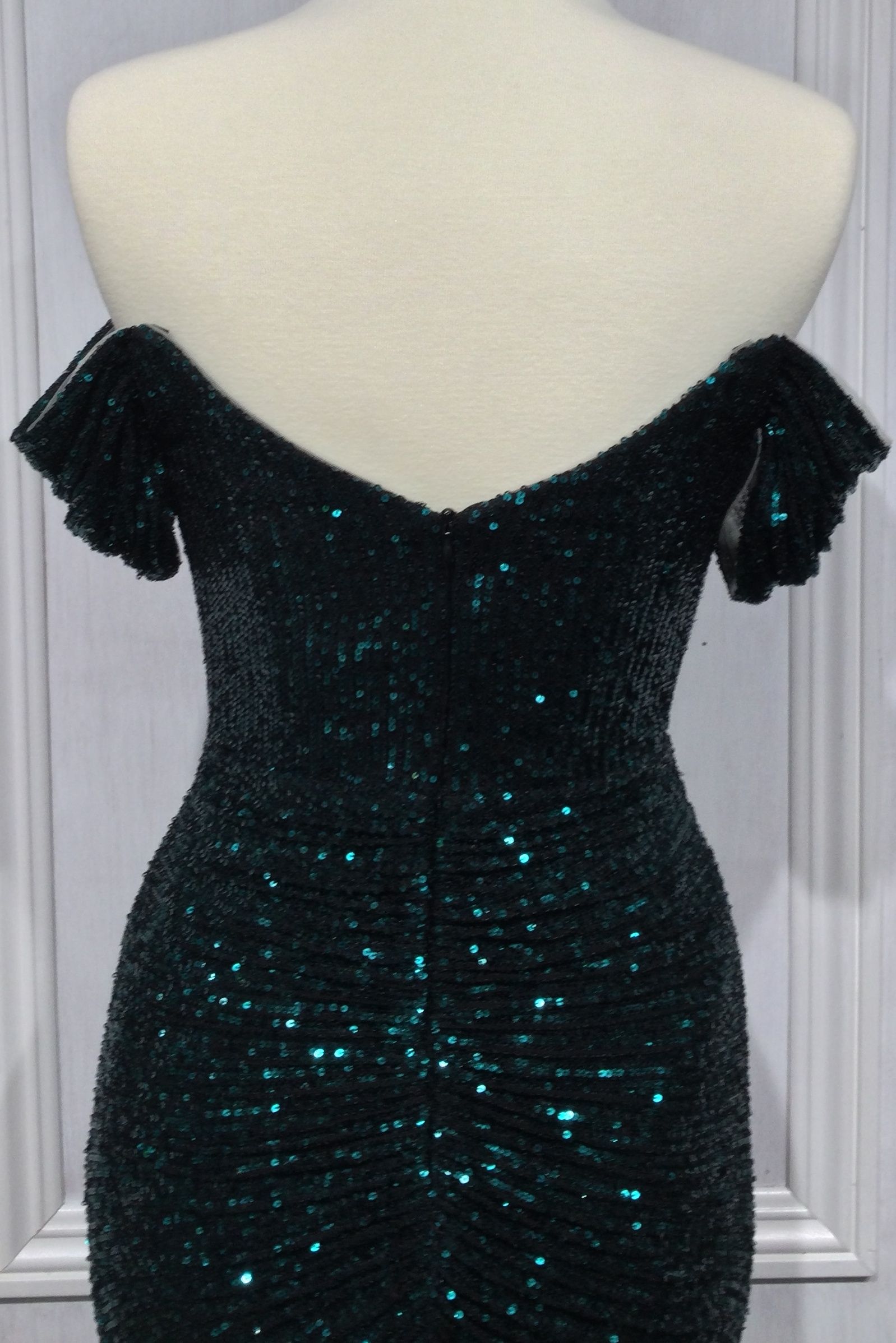 FALLON GOWN - OFF THE SHOULDER RUCHED SEQUIN DRESS