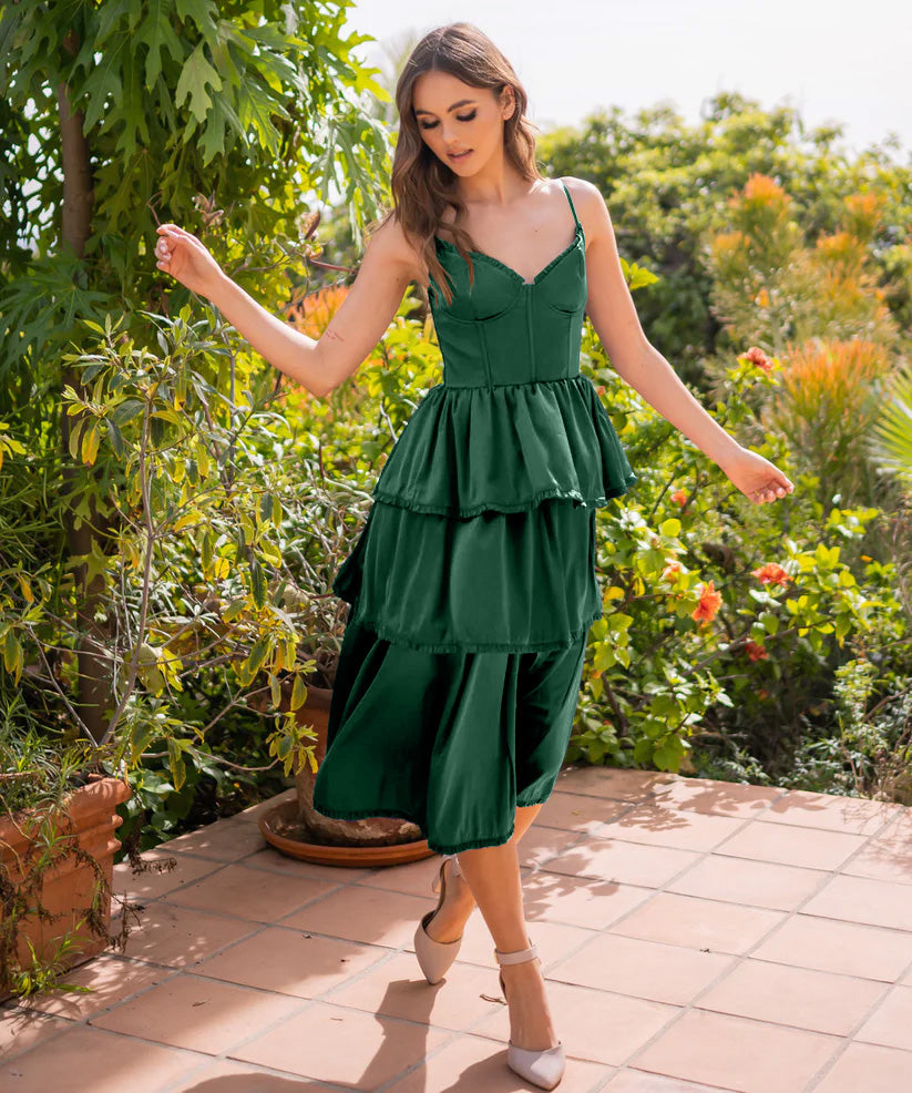 Maeve Corset Midi Dress - Emerald Satin