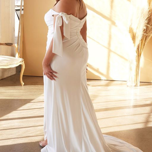 Amber Gown - Off-White - Off Shoulder Stretch Spandex Satin Dress With Ties