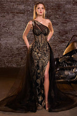 ODYSSEY GOWN - ONE SHOULDER GLITTER DRESS WITH OVERSKIRT