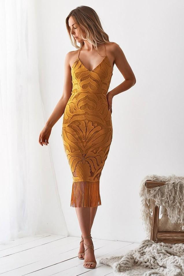 Khaleesi Dress - Mustard - Lace Dress With Fringe - FINAL SALE