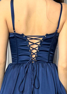 Maeve Corset Midi Dress - Navy Satin
