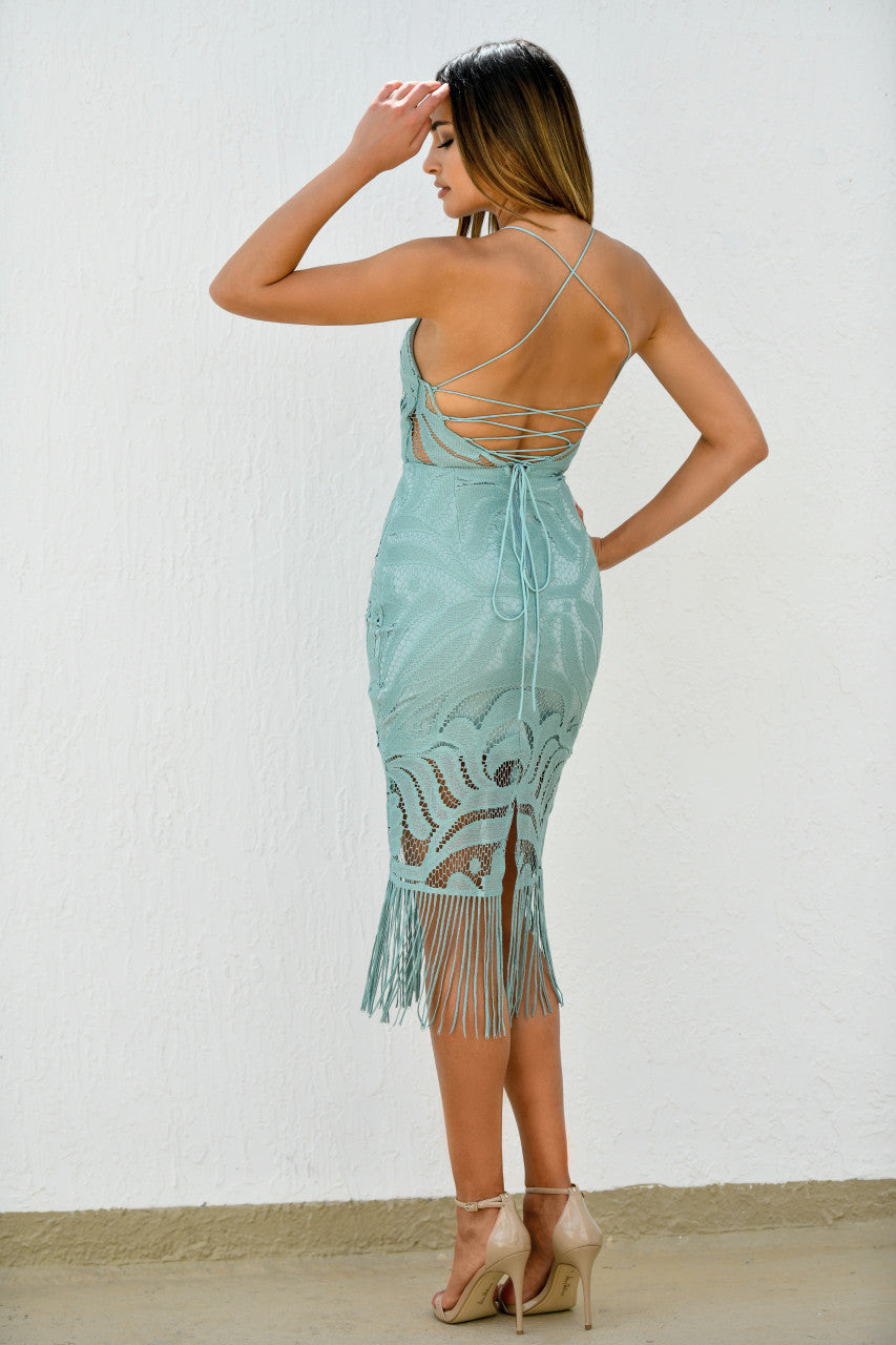 Khaleesi Dress - Sage - Lace Dress With Fringe - FINAL SALE