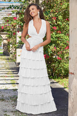 Saylor Pleated Satin Ruffle Maxi Dress - White