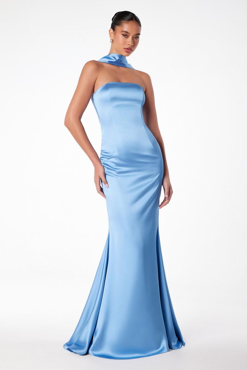 Brynn Maxi Dress - Strapless Fitted Satin Dress With Scarf
