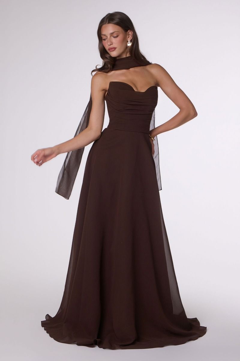 Ella Gown - A-line Strapless Chiffon Dress With Scarf