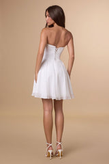 Ella Mini Dress - Off White A-line Strapless Chiffon Dress With Scarf
