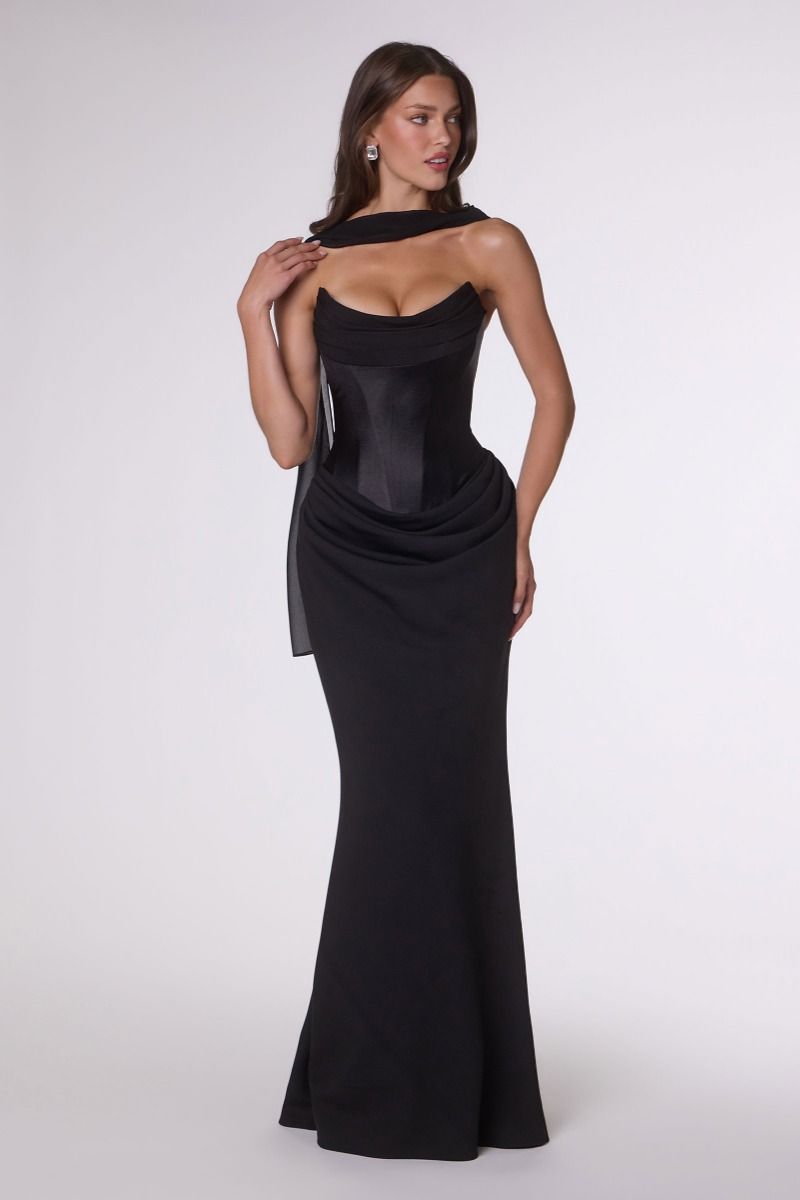 Camdyn Gown - Satin & Crepe Corset Dress With Scarf