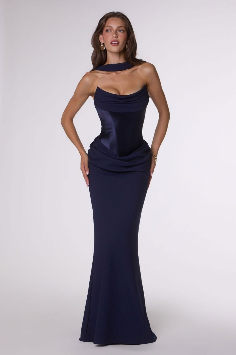 Camdyn Gown - Satin & Crepe Corset Dress With Scarf