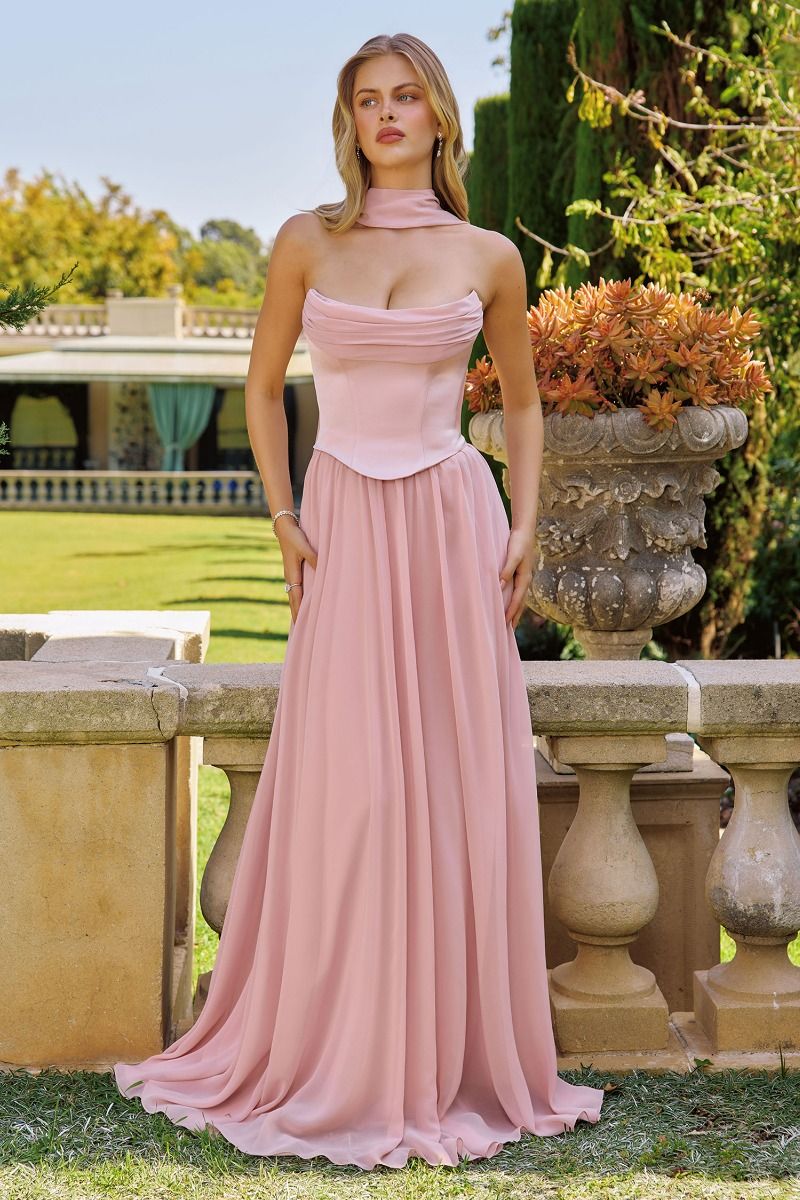 Reese Gown - Satin & Chiffon Dress With Scarf