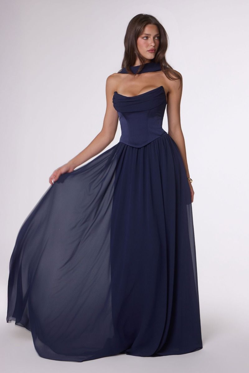 Reese Gown - Satin & Chiffon Dress With Scarf
